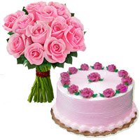 Fix Time Cake in India. 1/2 Kg Strawberry Cake 12 Pink Roses Bouquet to India