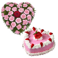 Wedding Cakes to India comprising Pink Carnation Heart, 1 Kg Heart Strawberry Cake in India