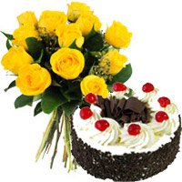 Flowers to India. Yellow Roses 1 Kg Black Forest Cake in India