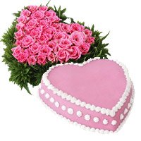 Best Midnight Cake Delivery in India having 36 Pink Roses Heart 1 Kg Eggless Strawberry Cake to India