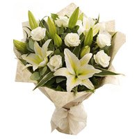 3 White Lily 6 Roses Flower Bouquet to India - Send Flowers to India